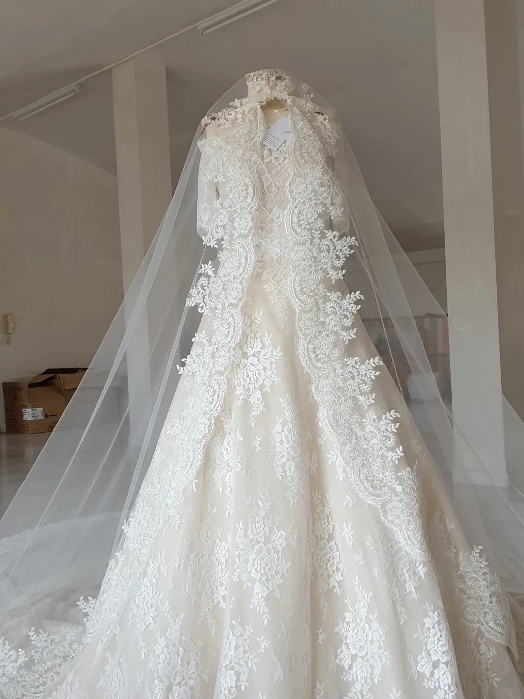 Diamond white/ivory lace cathedral mantilla veil Cathedral Mantilla Veil with Eyelash Lace Trim, Lace Wedding  main image 4