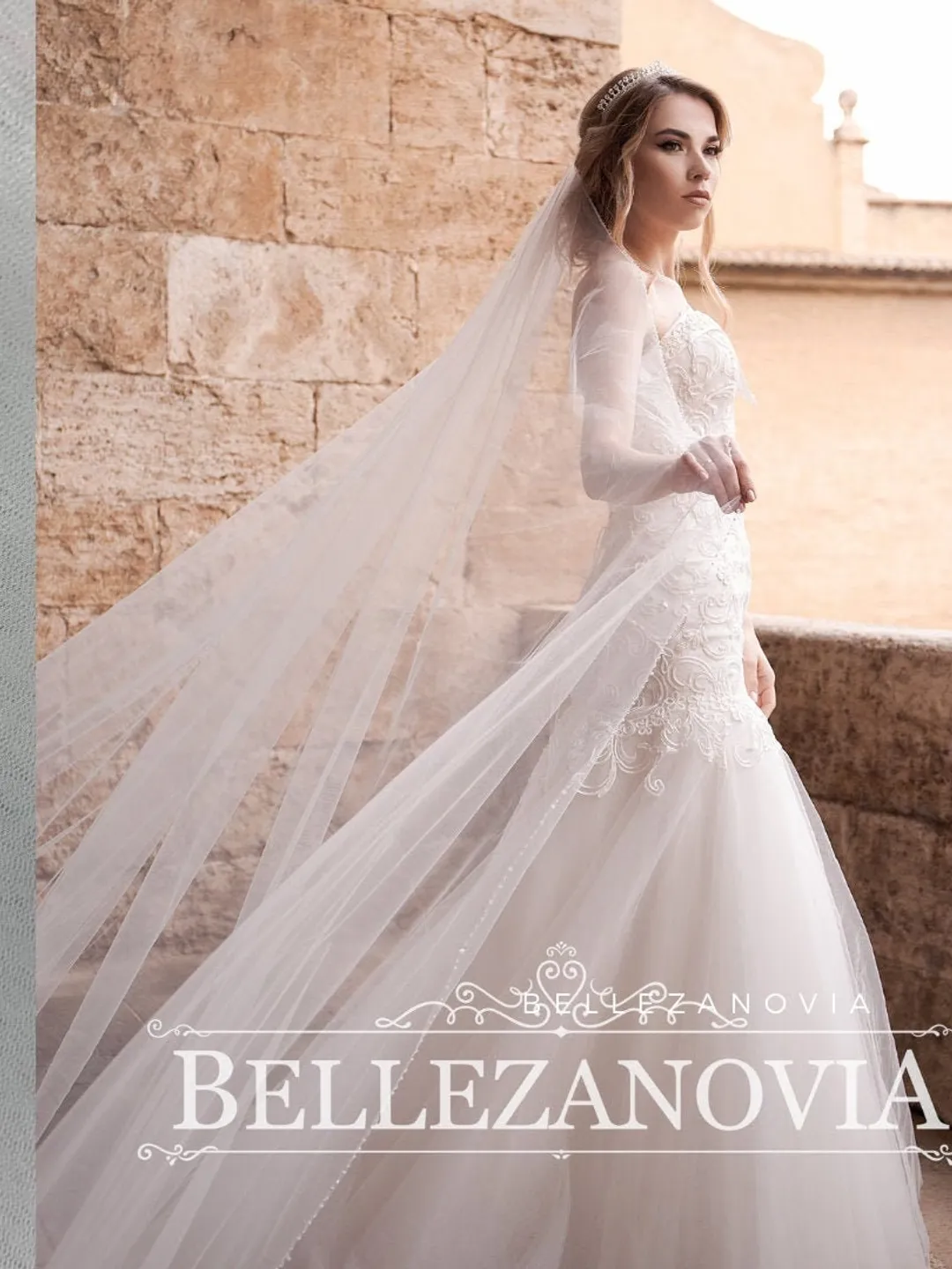New Ivory 118 inch Pearl Wedding Veil Cathedral Extra Long Embellished Bridal Ivory Single Tier Pearl Embellished Veil with Lace Edge | L&F main image 4