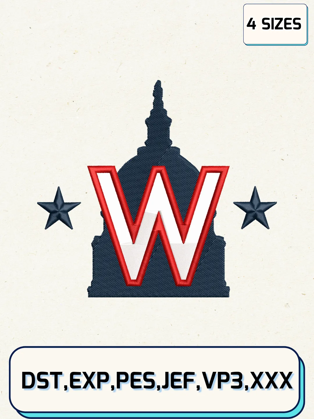 Washington Nationals Cap Logos Embroidery Design Files, MLB Logos Embroidery Designs, Machine Embroidery Files, 4 Sizes