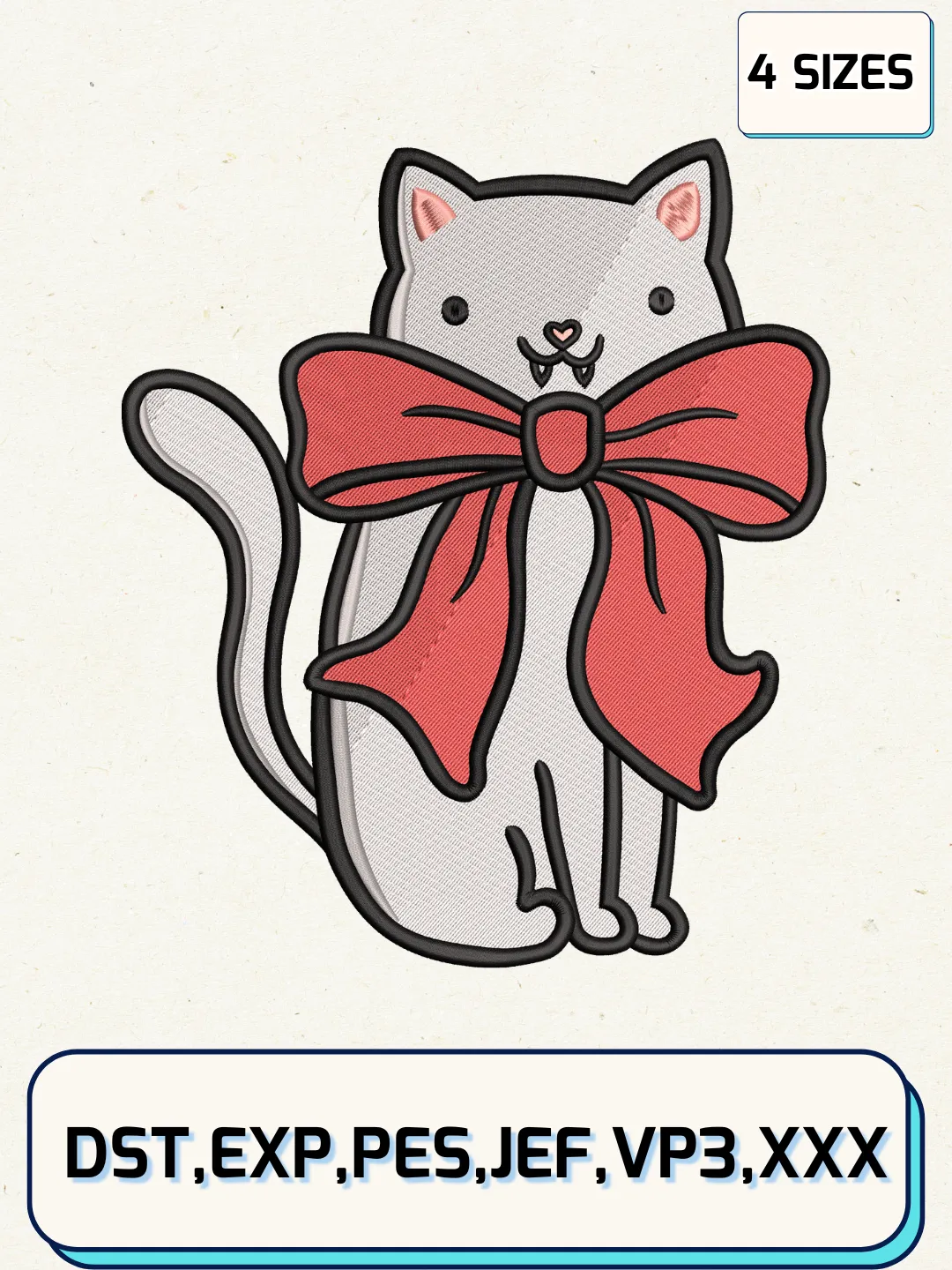 Cat Bow Embroidery Design Files, Animal Logos Embroidery Designs, Machine Embroidery Files, 4 Sizes