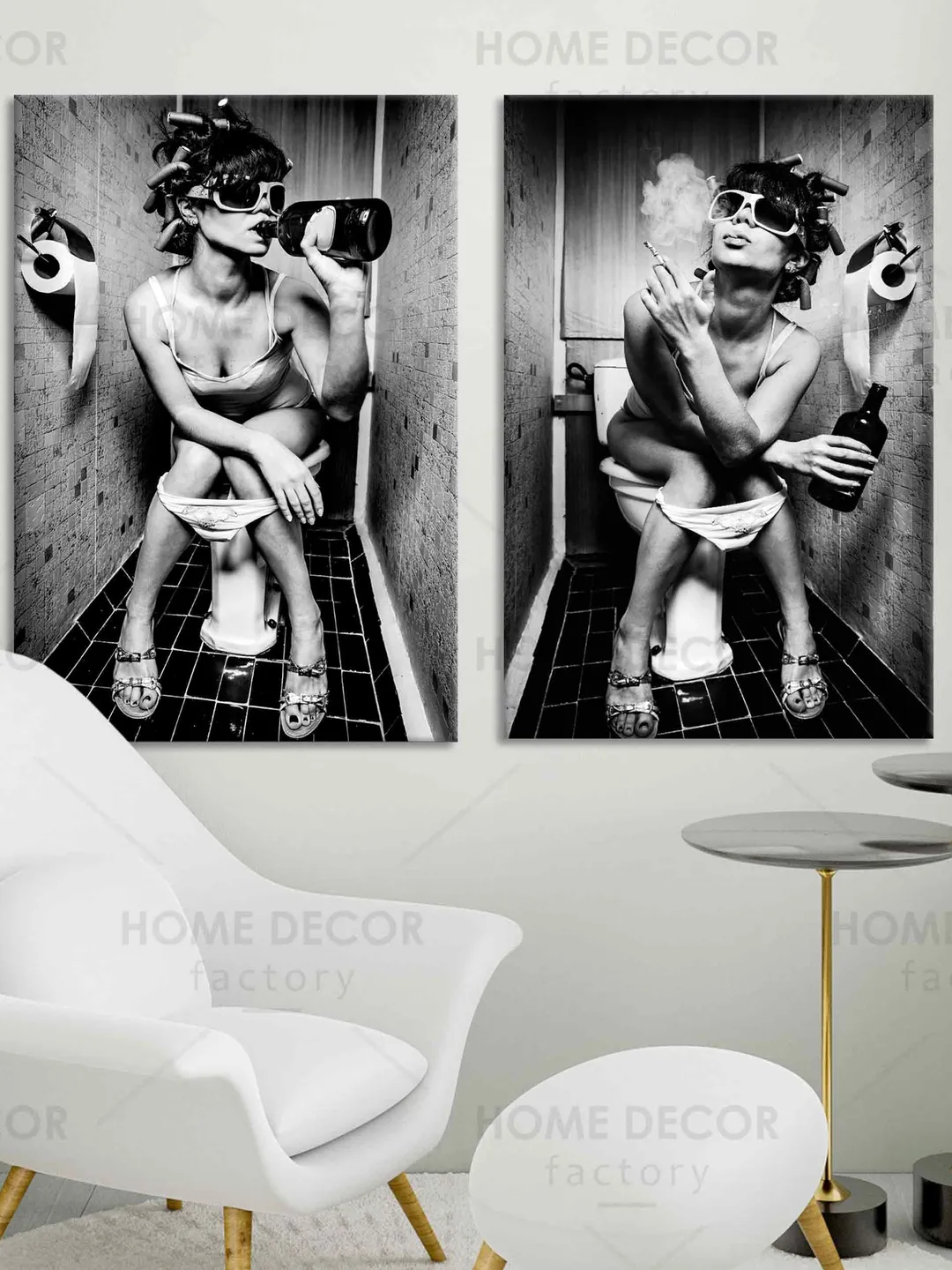 Vintage Girl Drinking and Smoking Art poster Woman drinking Wall art canvas Smoking women posterToilet Decoration Restroom Photo Canvas Art