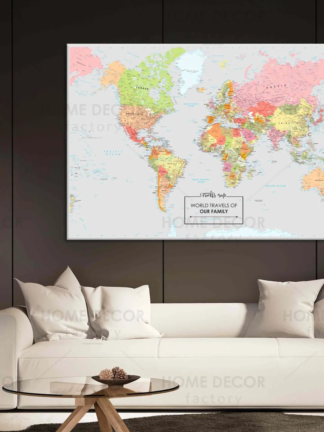 Huge Classic World Map Push Pin canvas print Personalized Modern political World Map Canvas Travel Gift World Travel Map dark Pin Board Wall