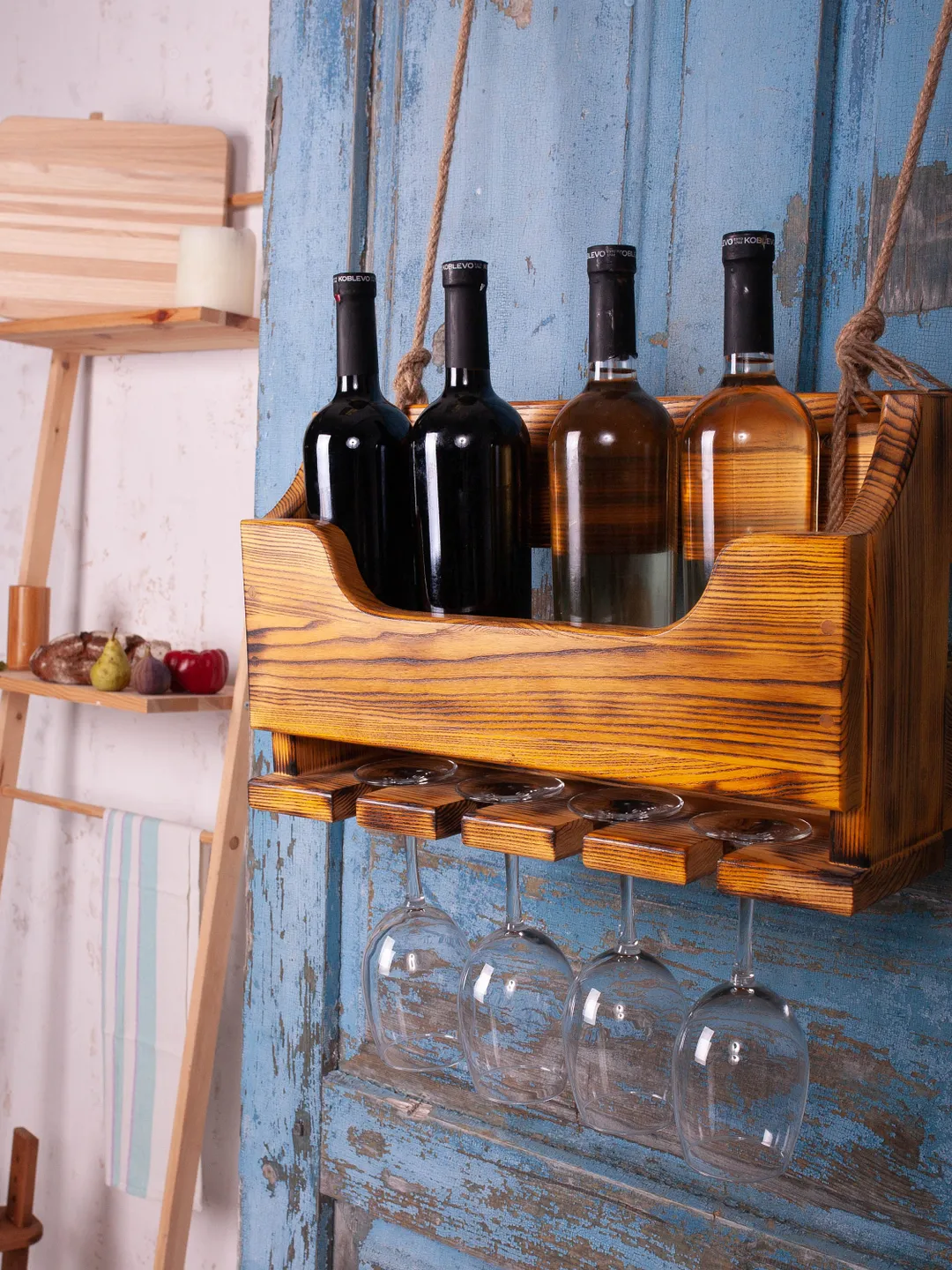 Shelf & Glass Holder Organizer Floating Ledge Rustic Bar Shelves Handmade wooden Wine Rustic Shelving Timber Boards Sanded shelf for wine