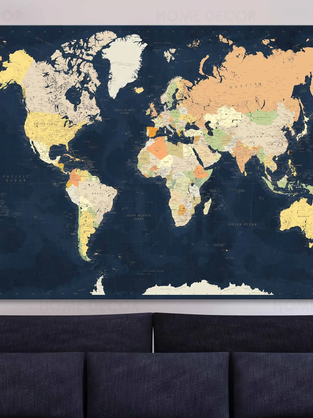 Personalized Modern Travel Map Wall Art, Blue dark background World Map Canvas print Travel Gift Rustic Travel Map, Modern Map Ready to hang