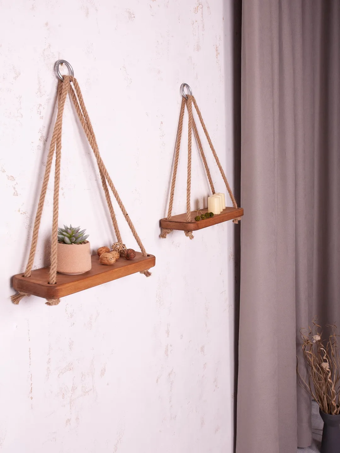 Hanging Shelves [Set of 2] Hanging Planter Macrame Floating Shelf Boho Hanging Shelf Boho wall decor Triangle Shelf Swing Shelf Rope Shelf