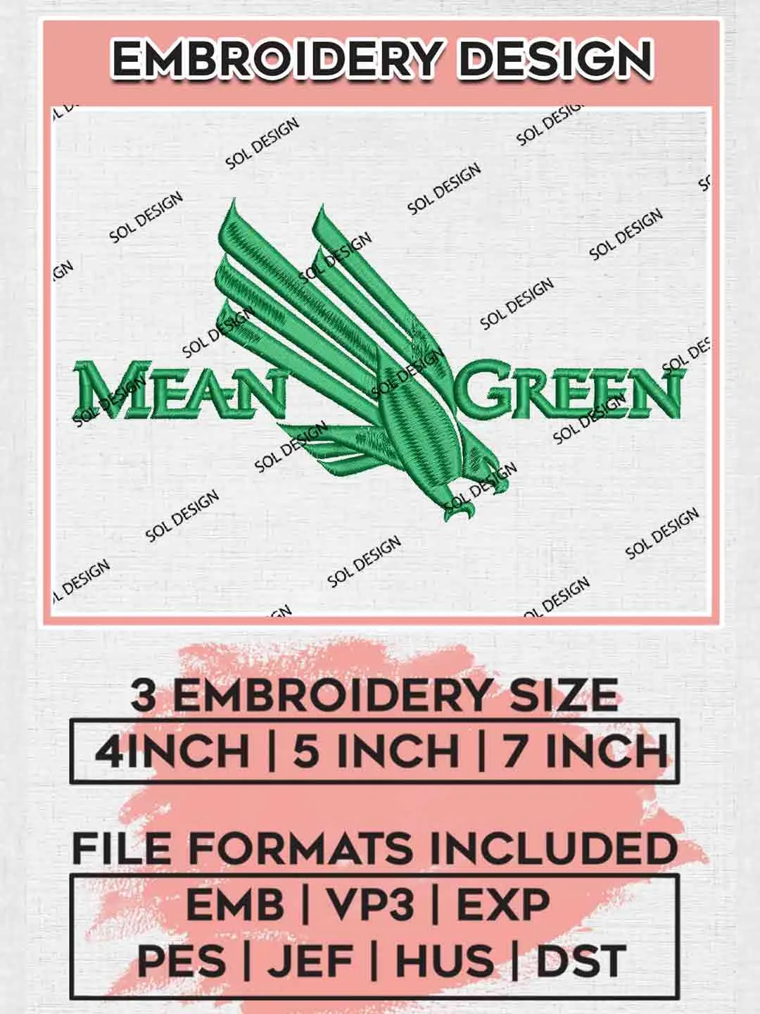 Mean Green Team Logo Embroidery Designs, NCAA Logo Embroidery files, NCAA North Texas Mean Green, Machine embroidery designs, Instant Download