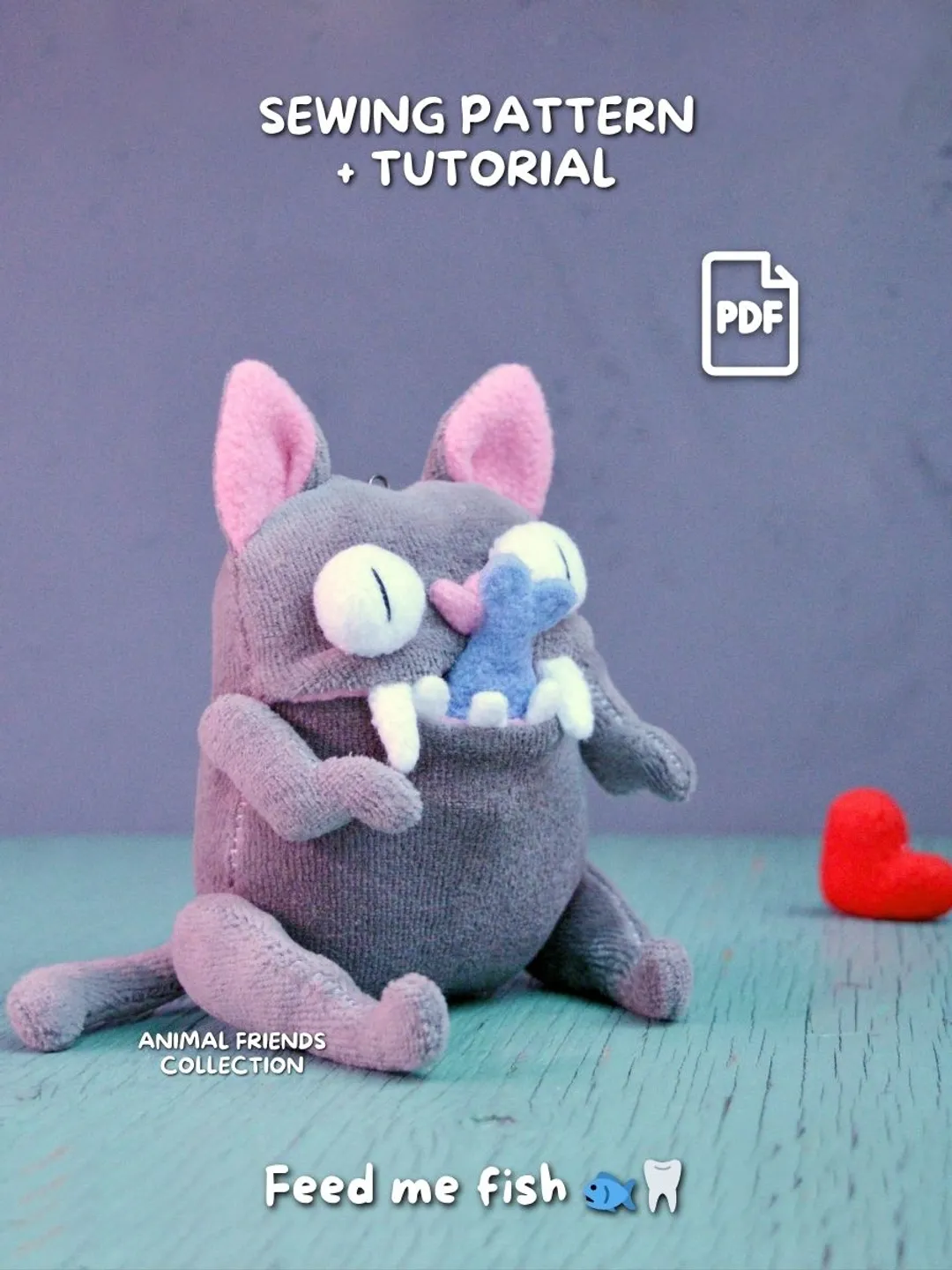 Pocket Plush Pattern Cat Plush Sewing Pattern with Secret Mouth Pocket and Fish PDF Tutorial