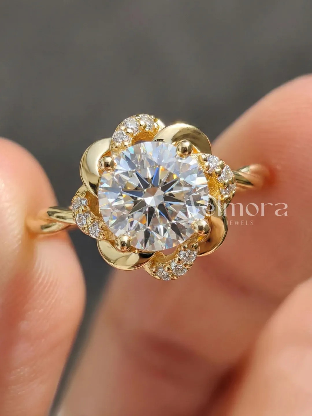 Gold Moissanite Engagement Ring, Round Cut Floral Halo Ring, Unique Vintage Style Bridal Jewelry