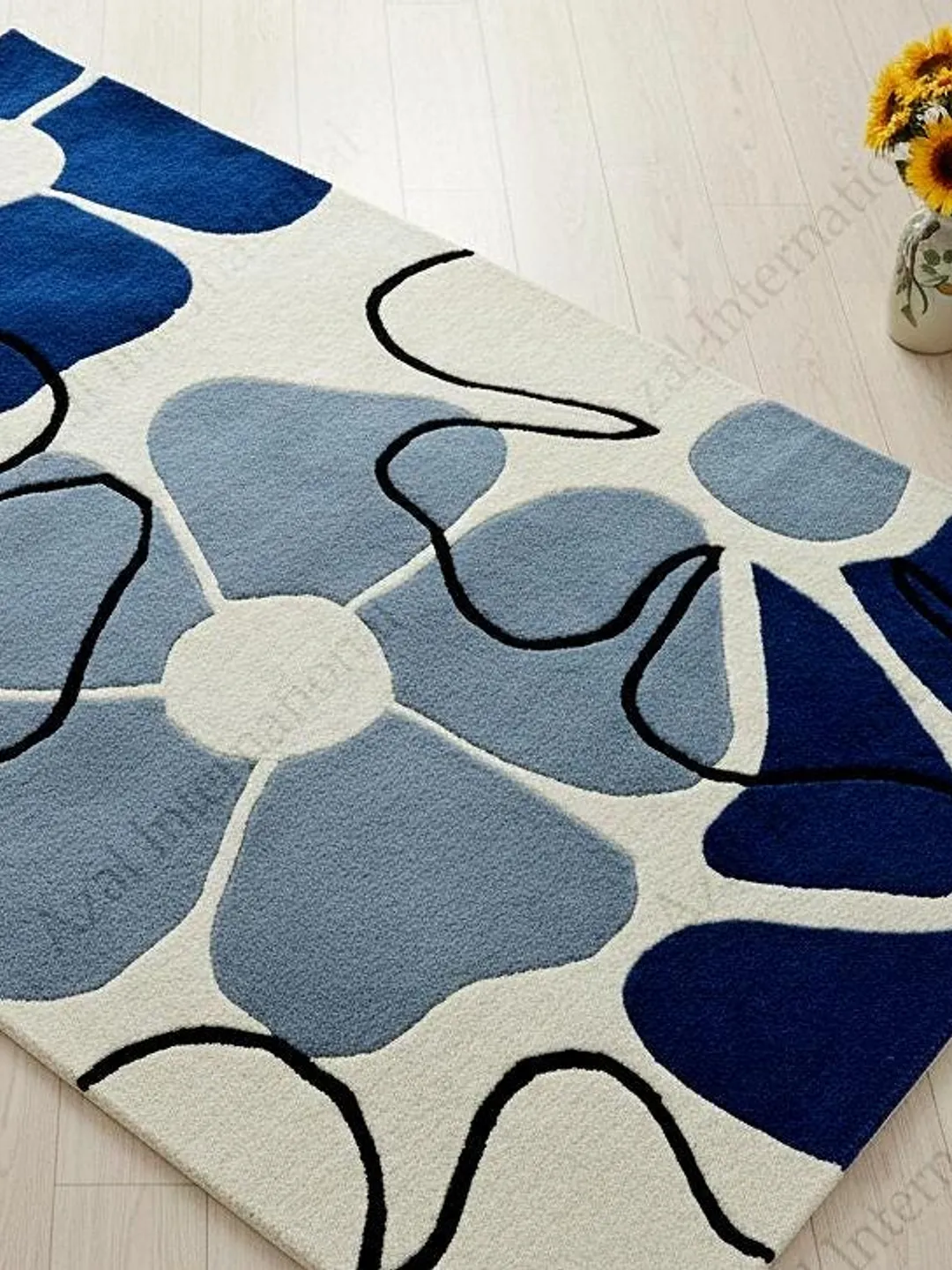 Hand-Tufted Wool Area Rug, Blue Floral Abstract Design