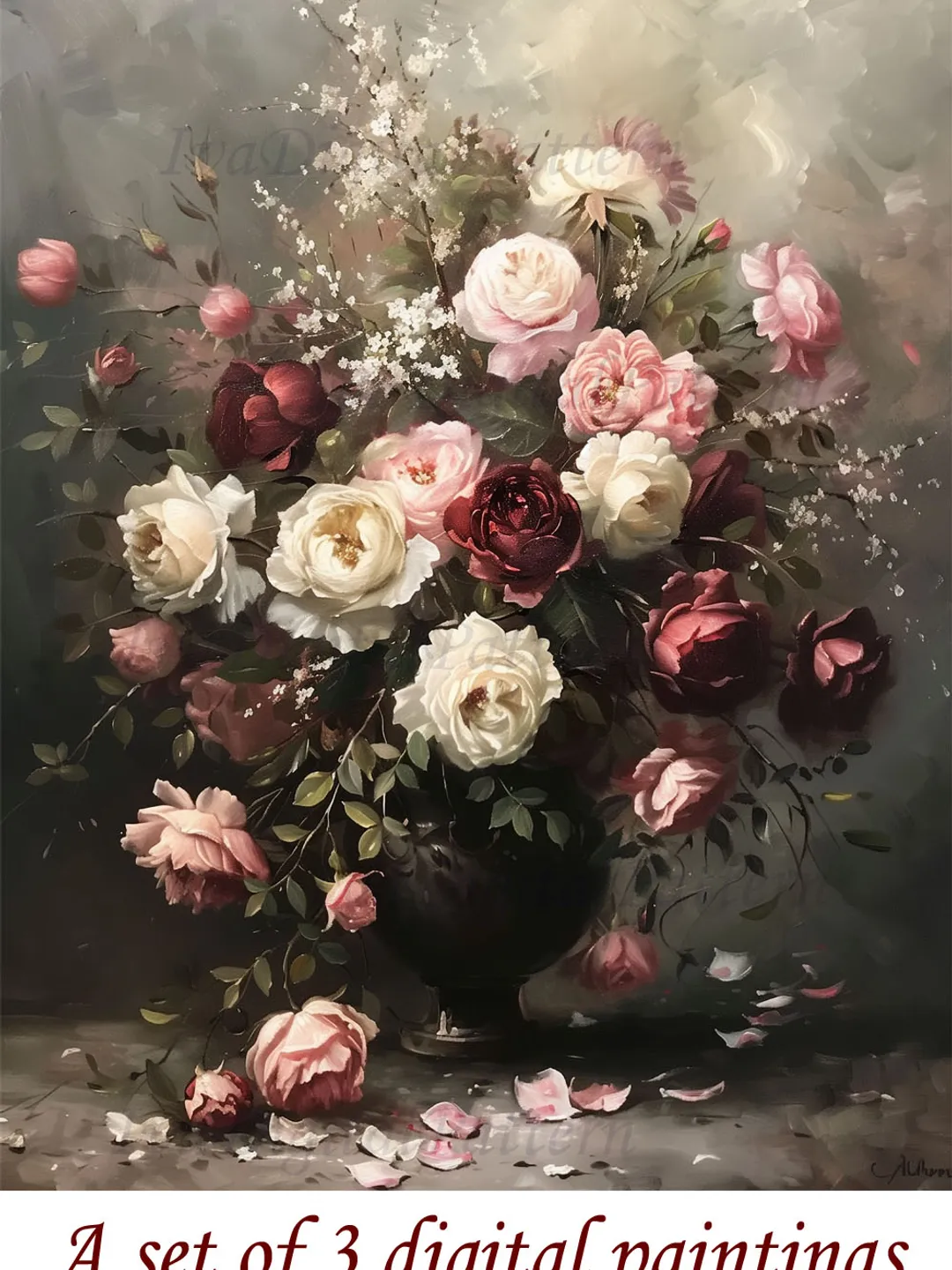 Set of 3 Digital Art Print Vintage Renaissance paintings of roses ...