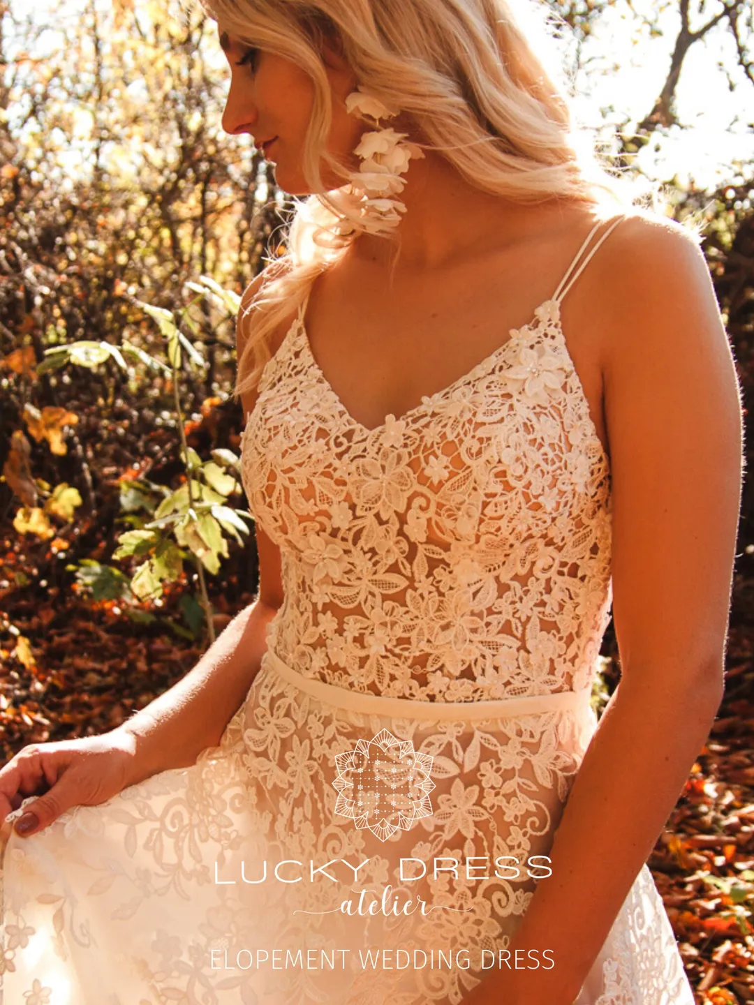 Elopement wedding dress spaghetti strap Courthouse wedding dress Backyard wedding dress floral lace Sexy wedding dress / Fiona