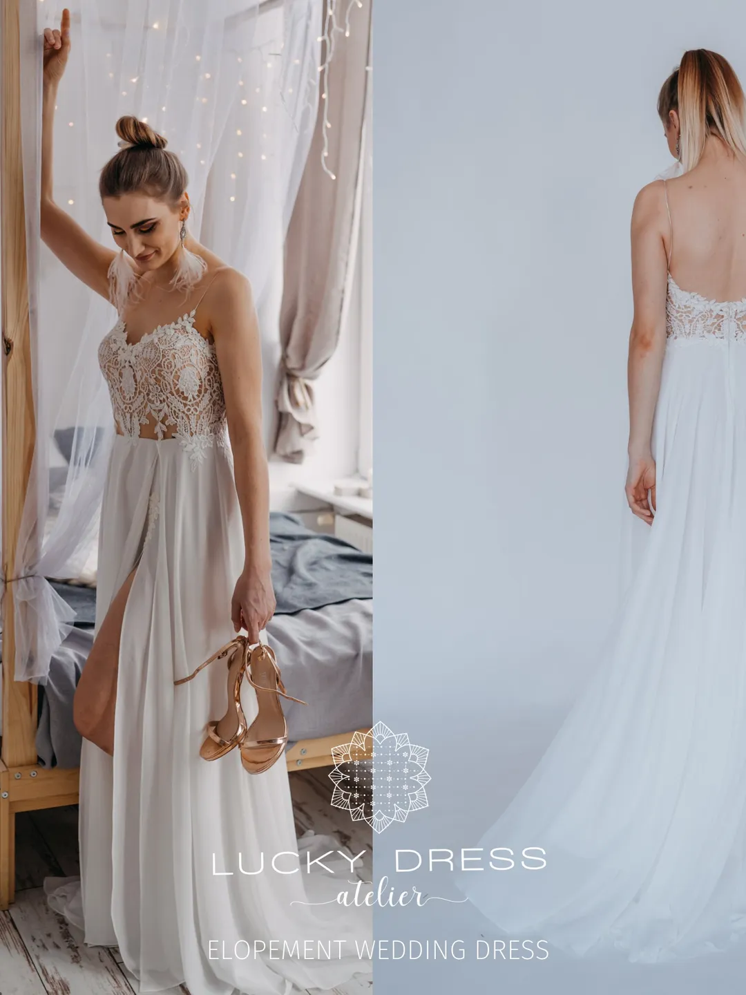 Elopement wedding dress courthouse Spaghetti strap wedding dress geometric lace Flowy wedding dress sexy Slit wedding dress / Dorothy III