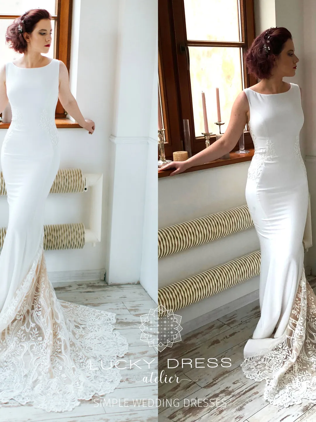 Simple wedding dress crepe Lace wedding dress minimalist Boat wedding dress courthouse Train wedding dress modest Sheath dress / Palmyra I