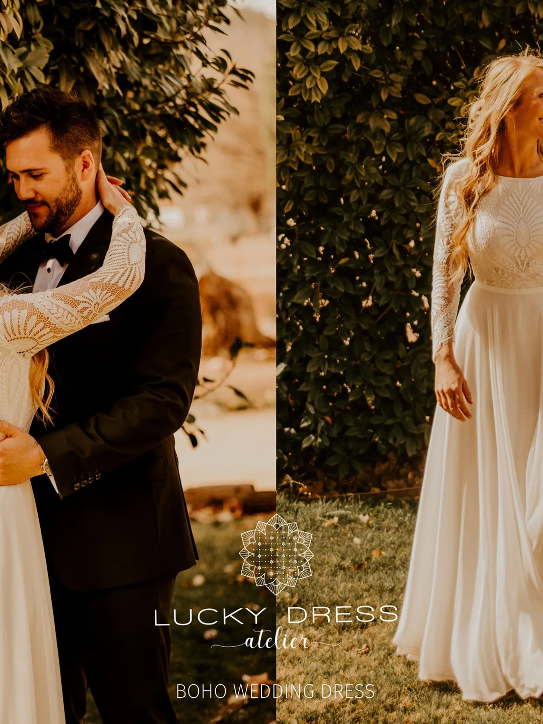 Boho wedding dress Lace wedding dress Long sleeve wedding dress Geometric lace wedding dress Backless wedding dress Garden wedding dress/Mel