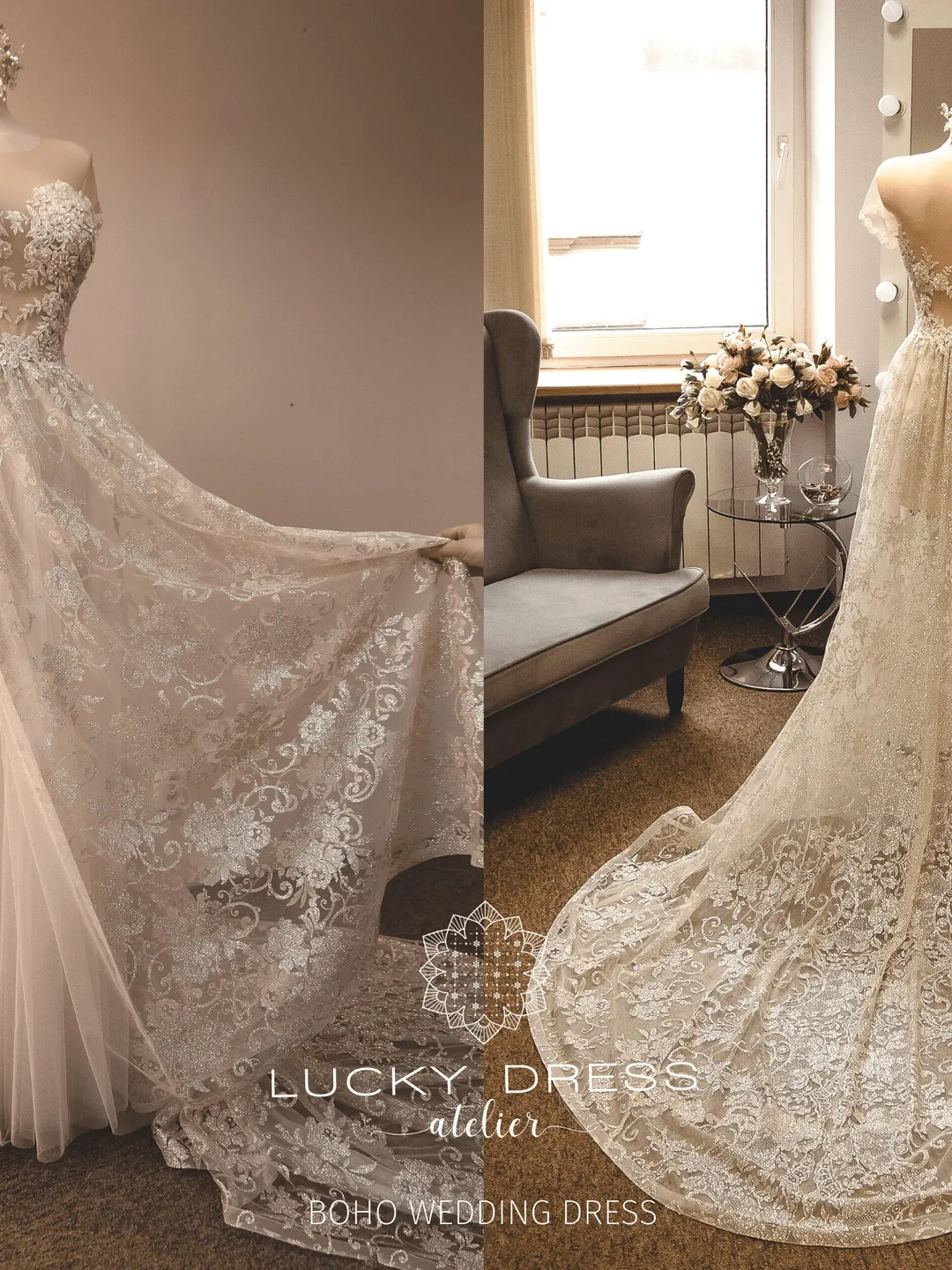 Boho wedding dress glitter Hippie wedding dress gold Bohemian wedding dress two piece Sexy wedding dress bespoke Off the shoulder dress /Ali