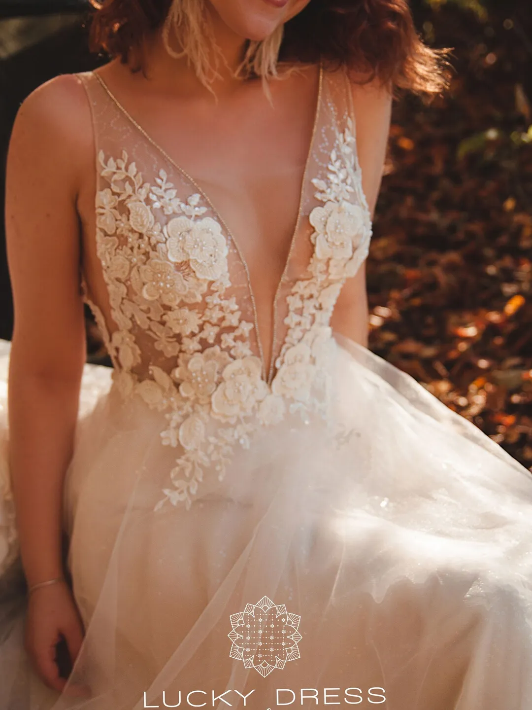 Wedding dress rose gold Glitter wedding dress lace Tulle wedding dress flowy Bridal gown Courthouse wedding dress floral Elopement /Gabriela