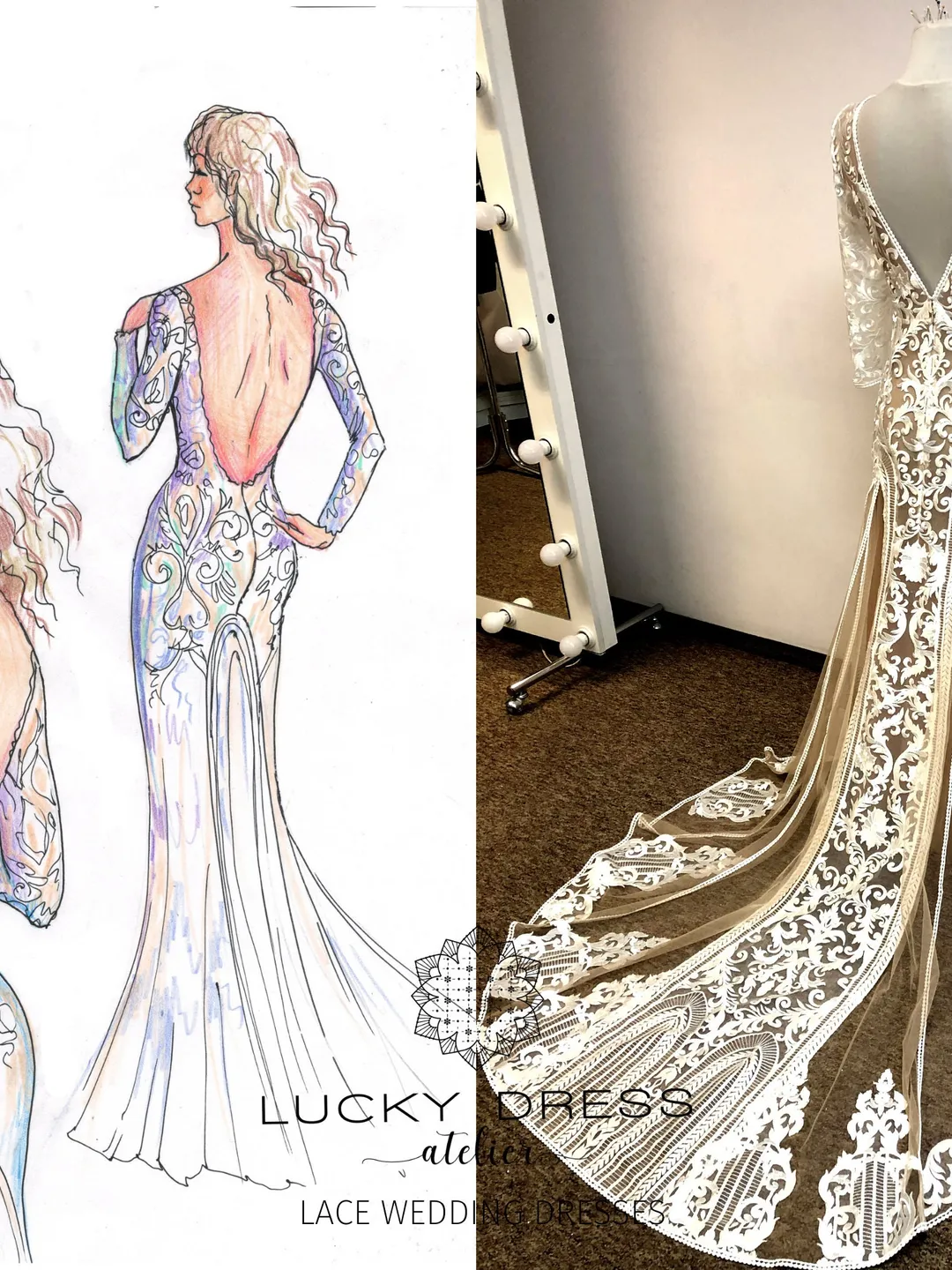 Lace wedding dress nude Geometric lace wedding dress illusion Long sleeve wedding dress sheath Backless wedding dress custom Sexy / Jessica