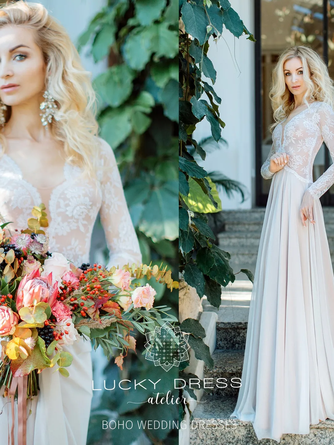 Boho wedding dress long sleeve Hippie wedding dress winter Bohemian wedding dress flowy Custom wedding dress lace Nude wedding dress/Olympia