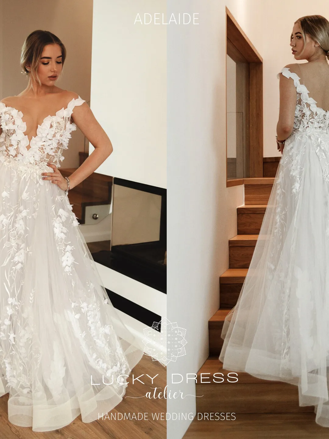 Short sleeves wedding dress A line wedding dress flowy Floral wedding dress  3d flowers Wedding dress off the shoulder with train / Adelaida