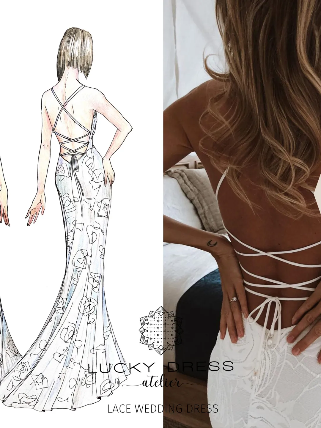 Lace wedding dress floral Sheath wedding dress criss cross back Sexy  wedding dress boho Backless wedding dress cowl neckline Custom /Vanessa
