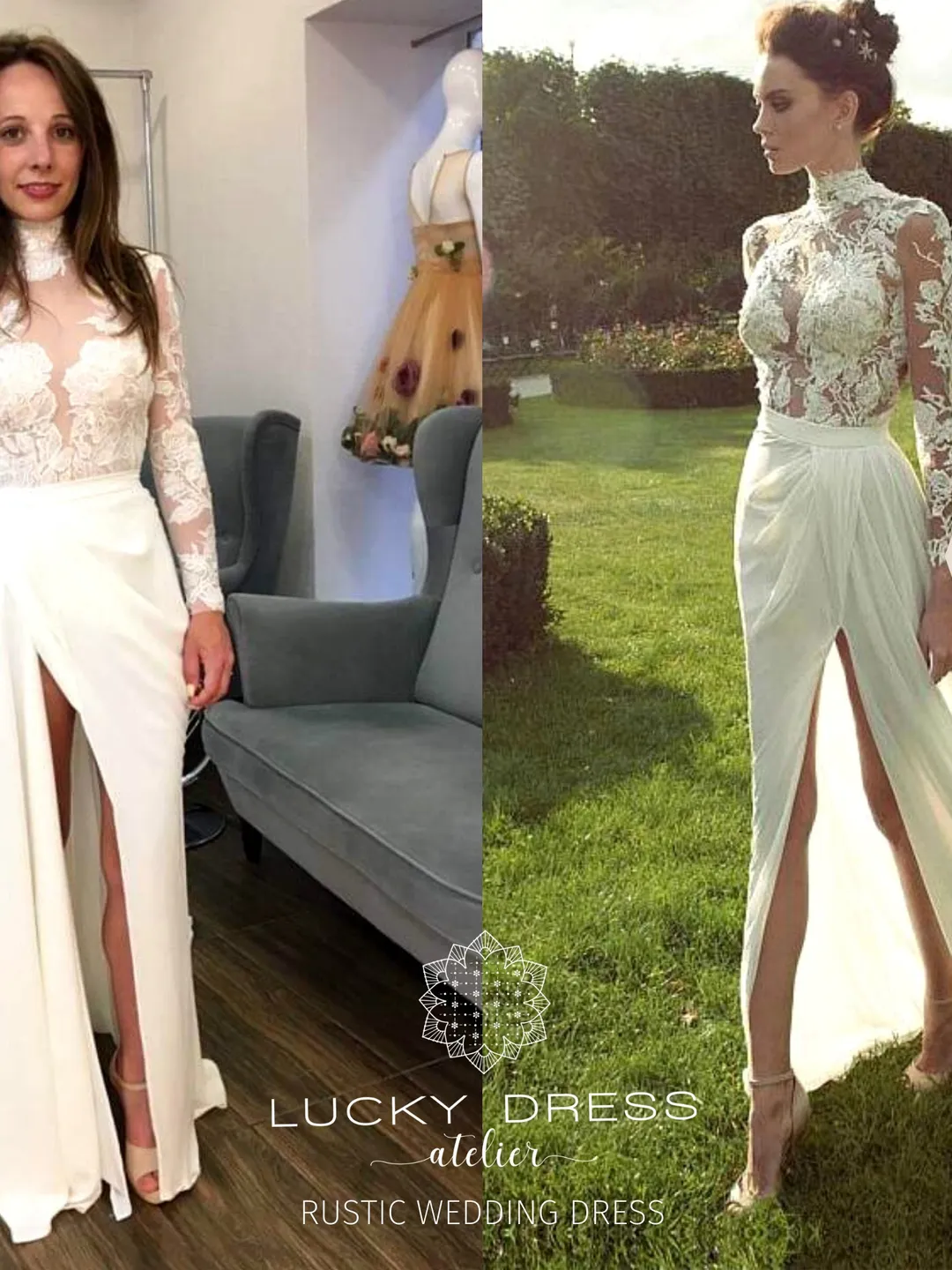 Rustic wedding dress lace Floral wedding dress barn Two piece wedding dress  long sleeve High neck wedding dress winter Custom dress / Daga