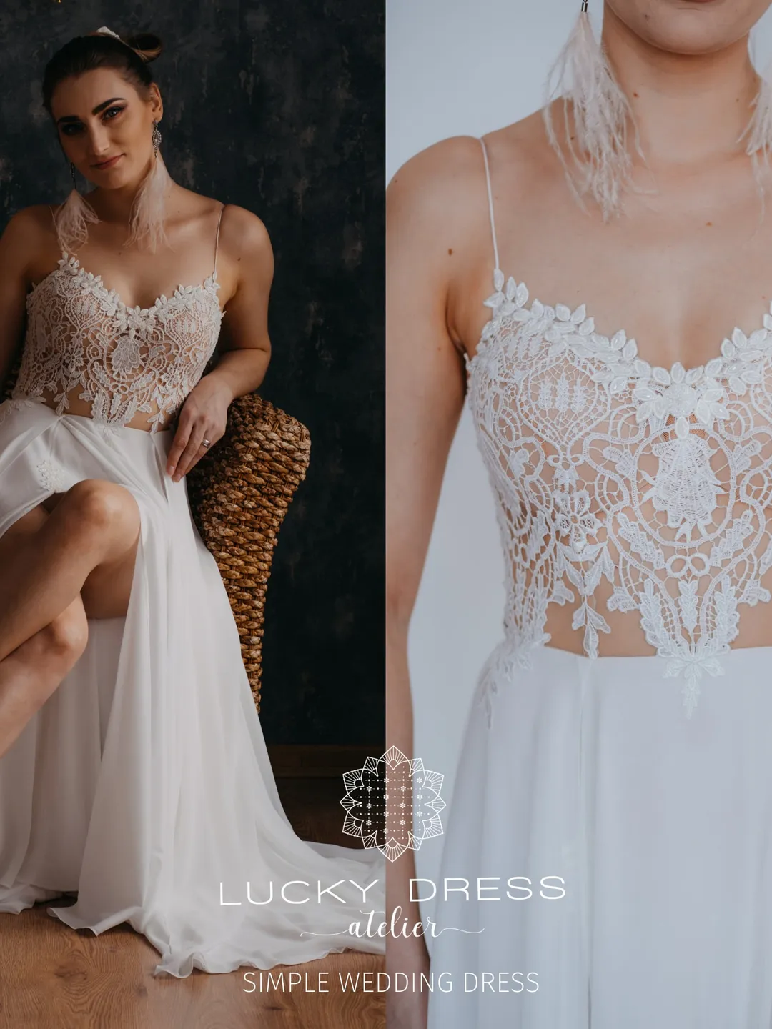 Simple wedding dress courthouse Spaghetti strap wedding dress sexy Geometric lace wedding dress minimalistic Boho wedding dress /Dorothy III