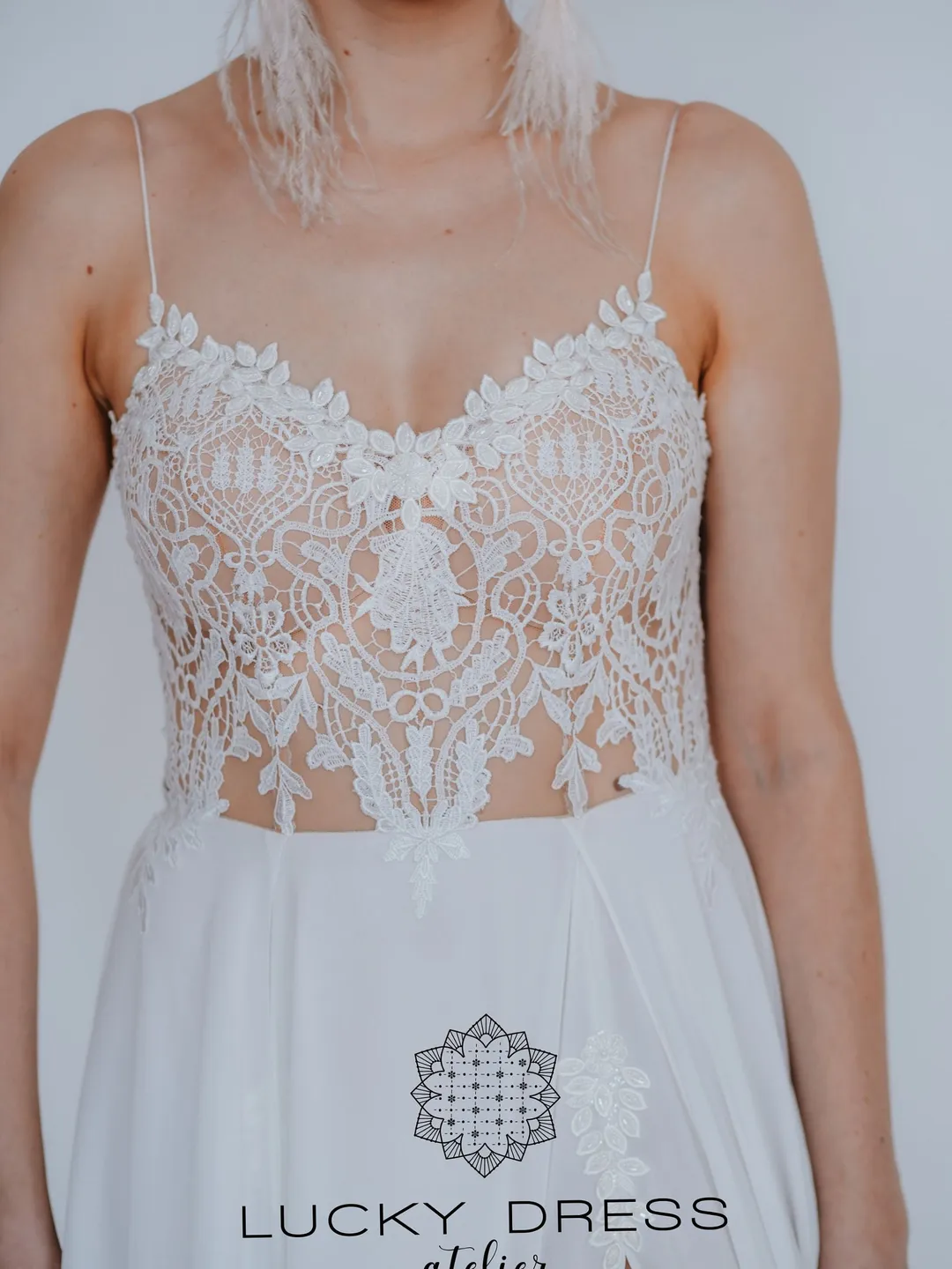 Lace wedding dress spaghetti strap Illusion wedding dress geometric lace Simple flowy wedding dress boho Chiffon wedding dress / Dorothy III