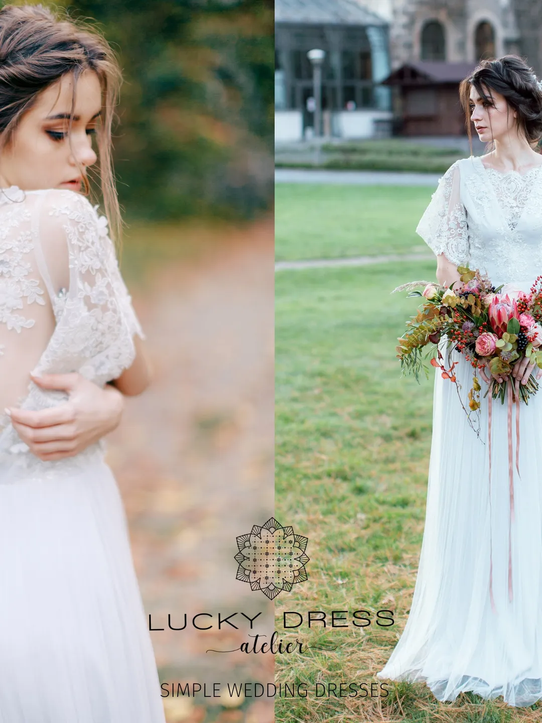 Simple wedding dress grey Courthouse wedding dress lace Minimalist wedding dress Bridal gown Garden wedding dress wedding vintage / Selina