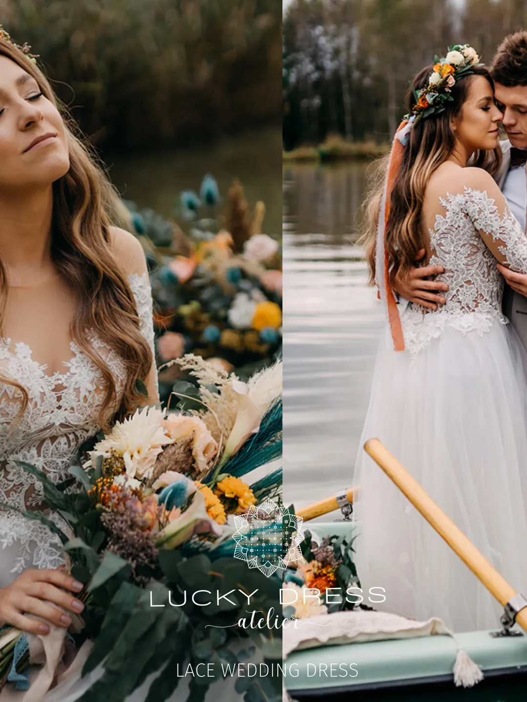 Lace wedding dress floral Long sleeve wedding dress tattoo Illusion wedding dress winter Custom wedding dress boho Bridal gown tulle / Daria