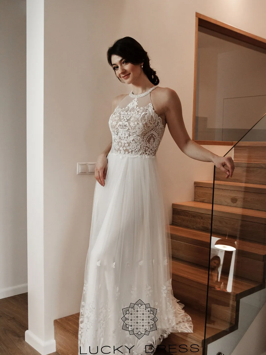 Lace wedding dress floral Embroidered wedding dress beaded Halter wedding dress boho Tulle wedding dress pearl Haute couture dress / Olga