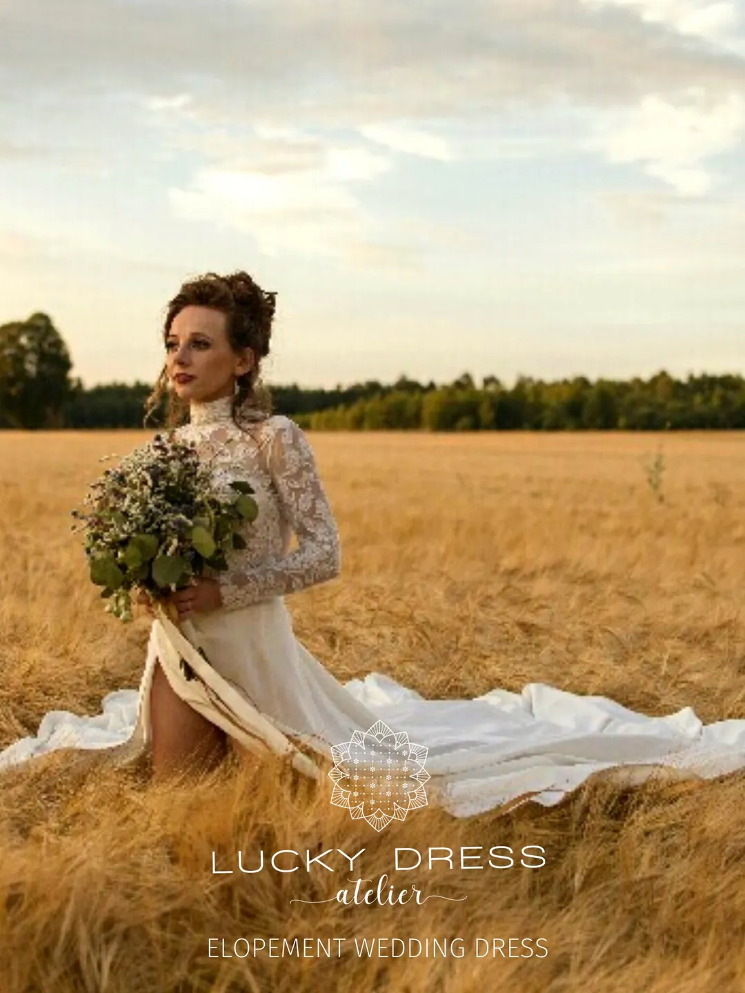 Elopement wedding dress courthouse Garden wedding dress lace High neck wedding dress long sleeve Two piece wedding dress winter Custom /Daga