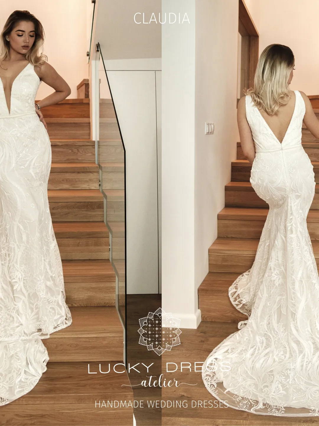 Deep V wedding dress mermaid Pearl wedding dress Bridal gown fitted Lace wedding dress backless Sexy wedding dress leaves Custom / Claudia