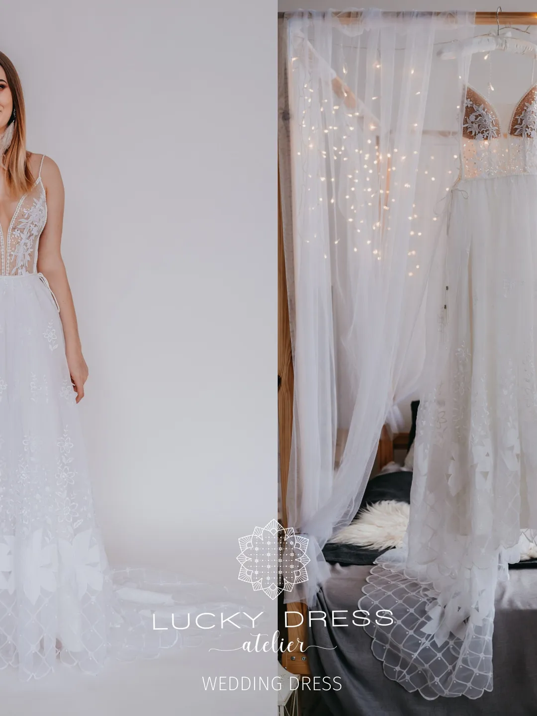 Glitter wedding dress deep V Lace wedding dress Bridal gown boho Spaghetti straps wedding dress sexy Bespoke wedding dress train / Victoria