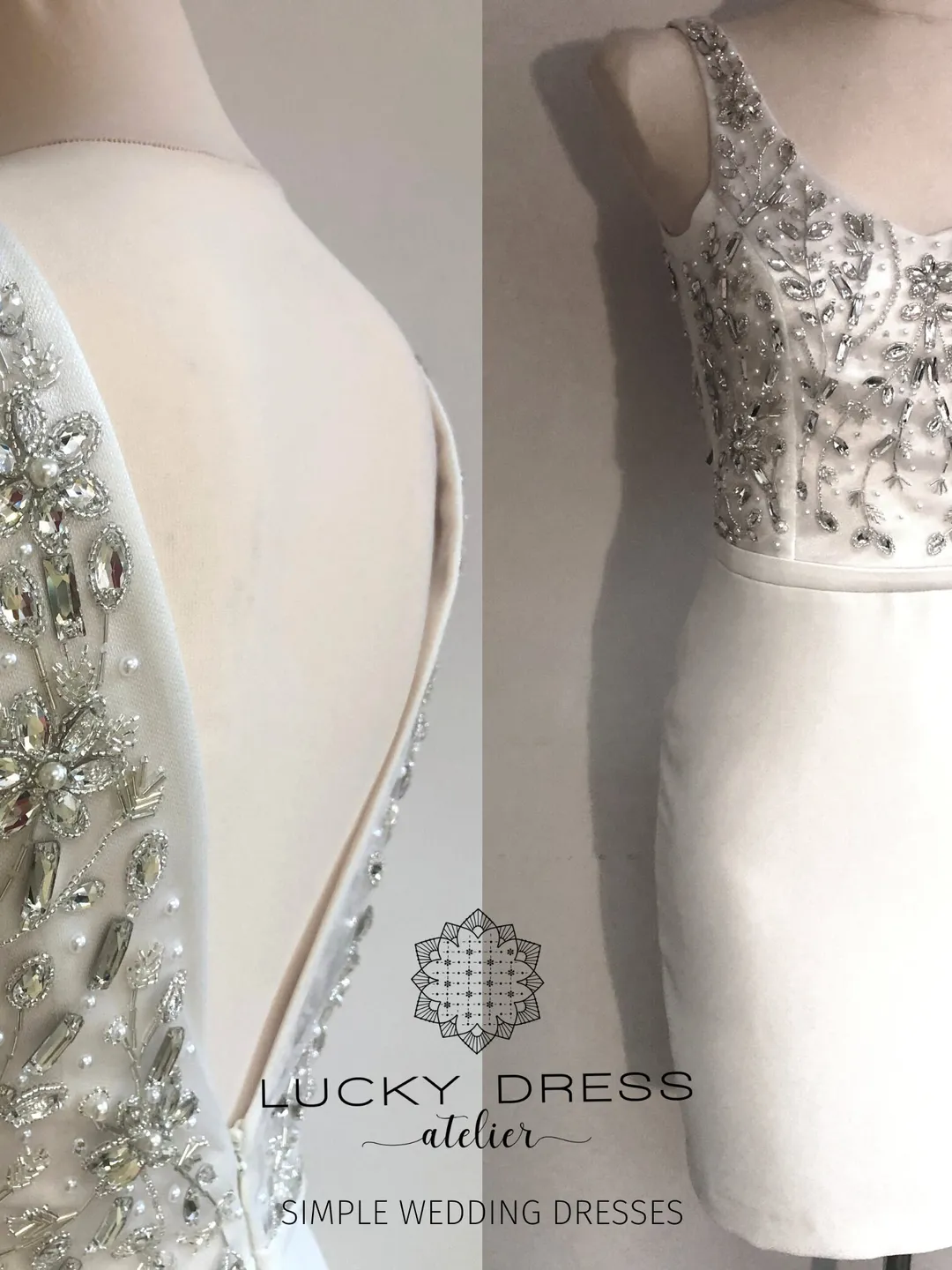 Simple wedding dress short Courthouse wedding dress midi Minimalist wedding dress crepe Custom wedding dress embroidered Crystals / Kelsey