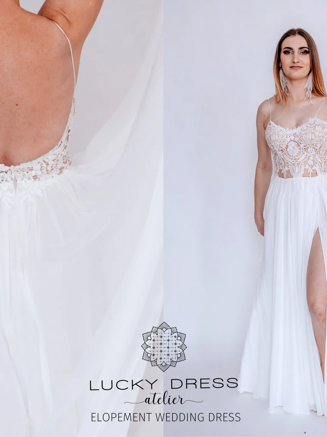 Elopement wedding dress spaghetti straps Courthouse wedding dress sexy Backless wedding dress slit Custom wedding dress lace / Dorothy II