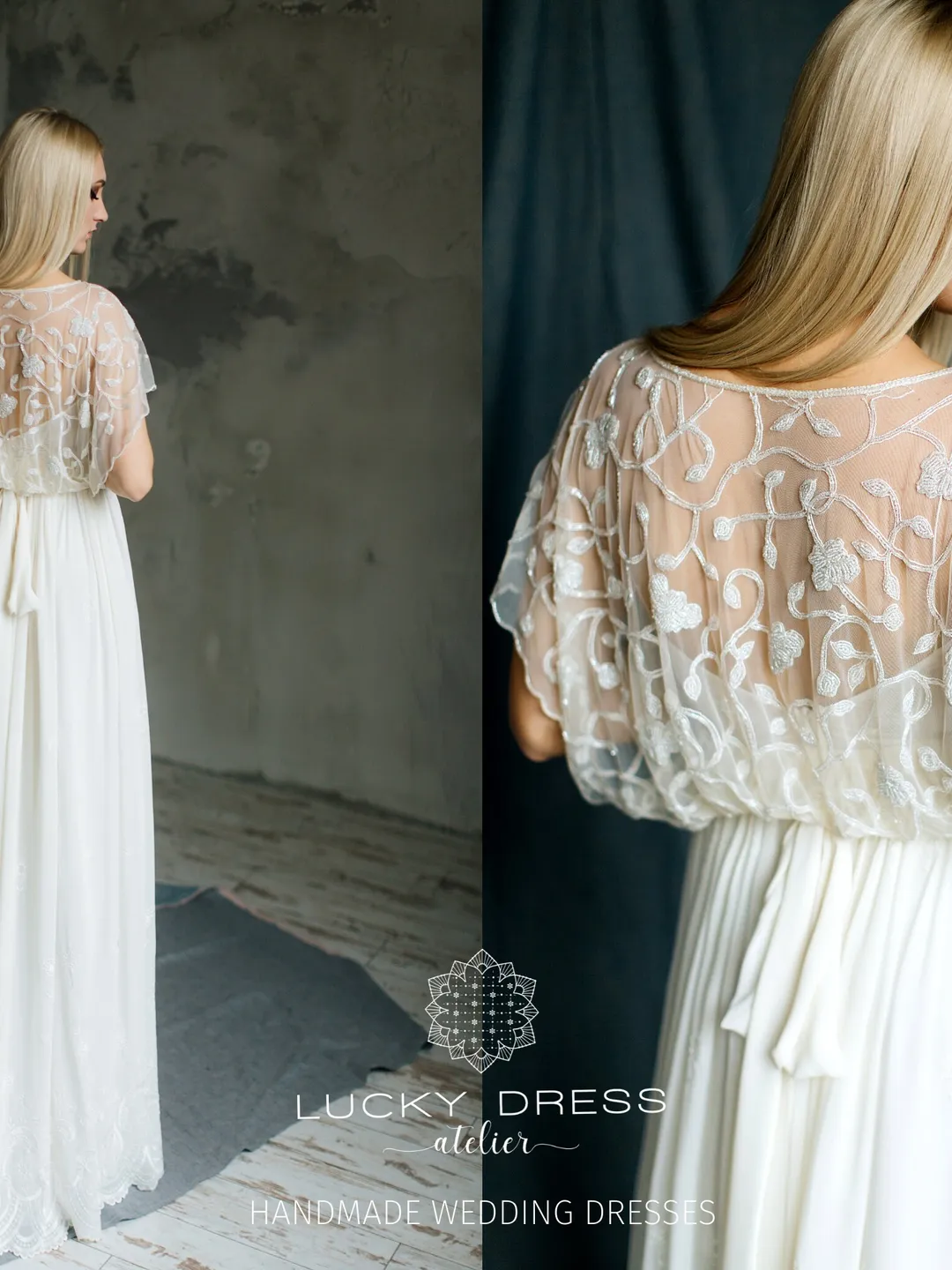 casual flowy wedding dresses Unique Floral Lace Chiffon Wedding Gown Flowy Beach Wedding Dress AWD1873 main image 1