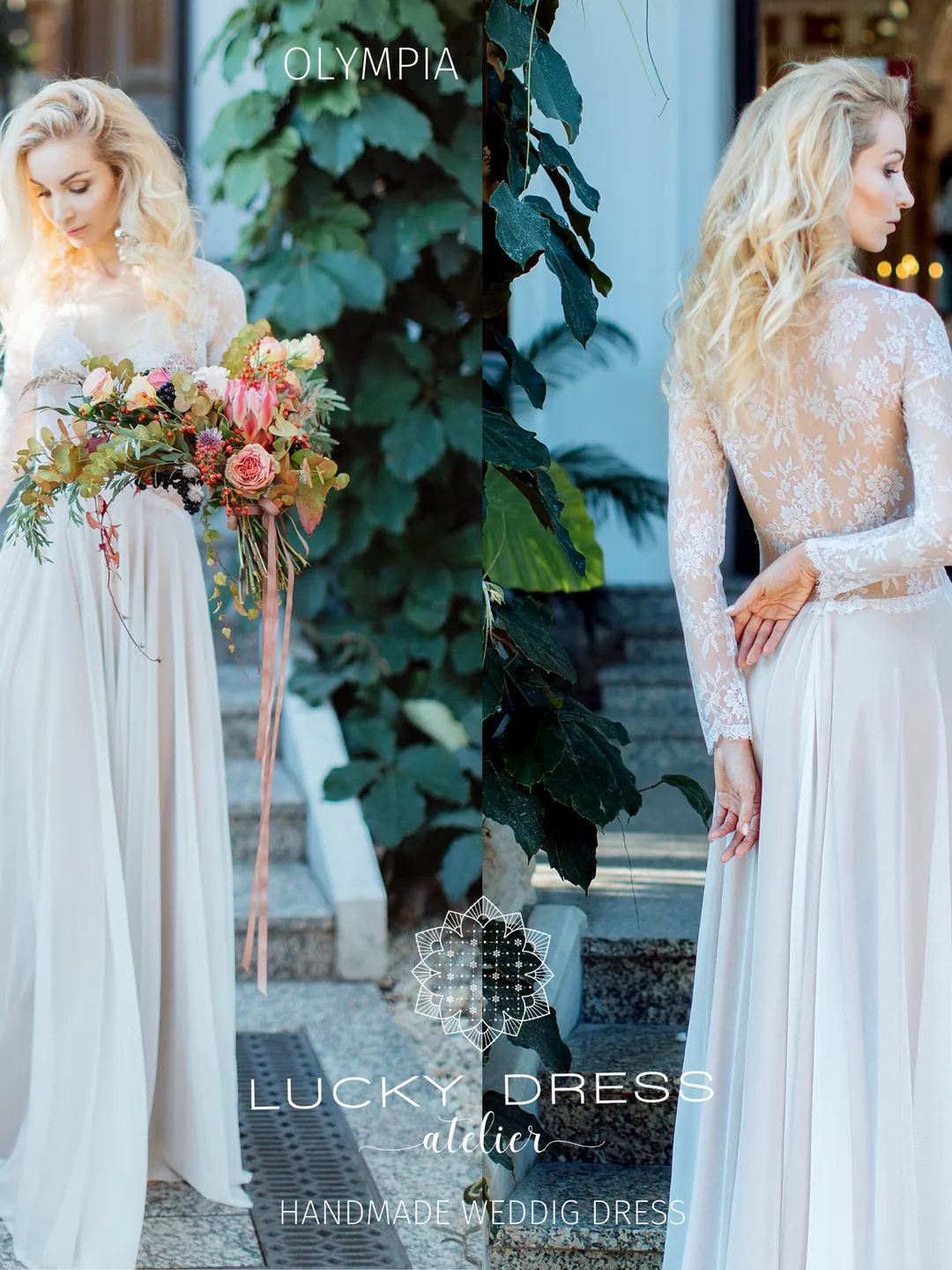 Long sleeve wedding dress lace Bridal gown Elven wedding dress winter Boho wedding dress floral Nude wedding dress flowy Custom / Olympia