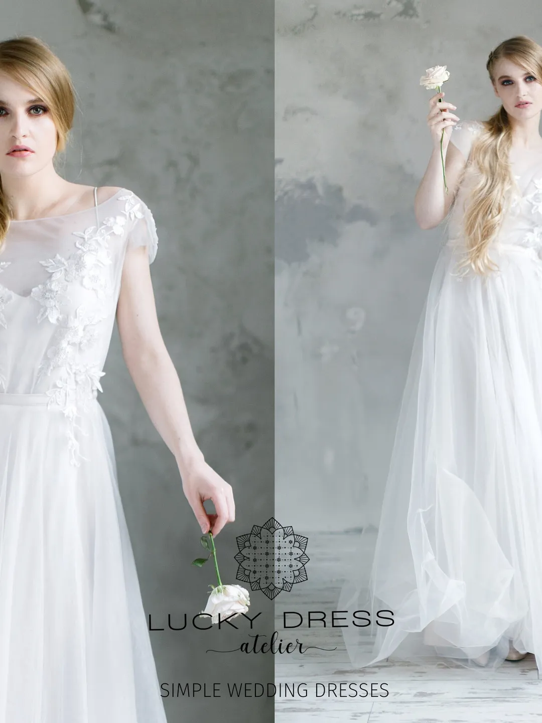 Simple wedding dress short sleeves Courthouse wedding dress flowy Minimalist wedding dress lace Tulle wedding dress illusion Floral / Milana