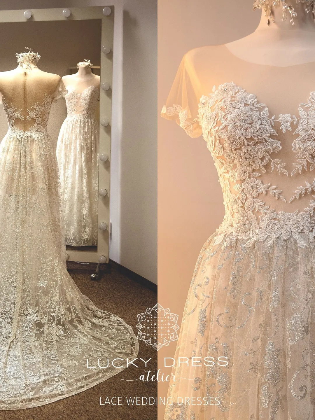 Lace wedding dress floral Glitter wedding dress gold Flowy wedding dress off the shoulder Custom wedding dress two piece Tailored dress /Ali