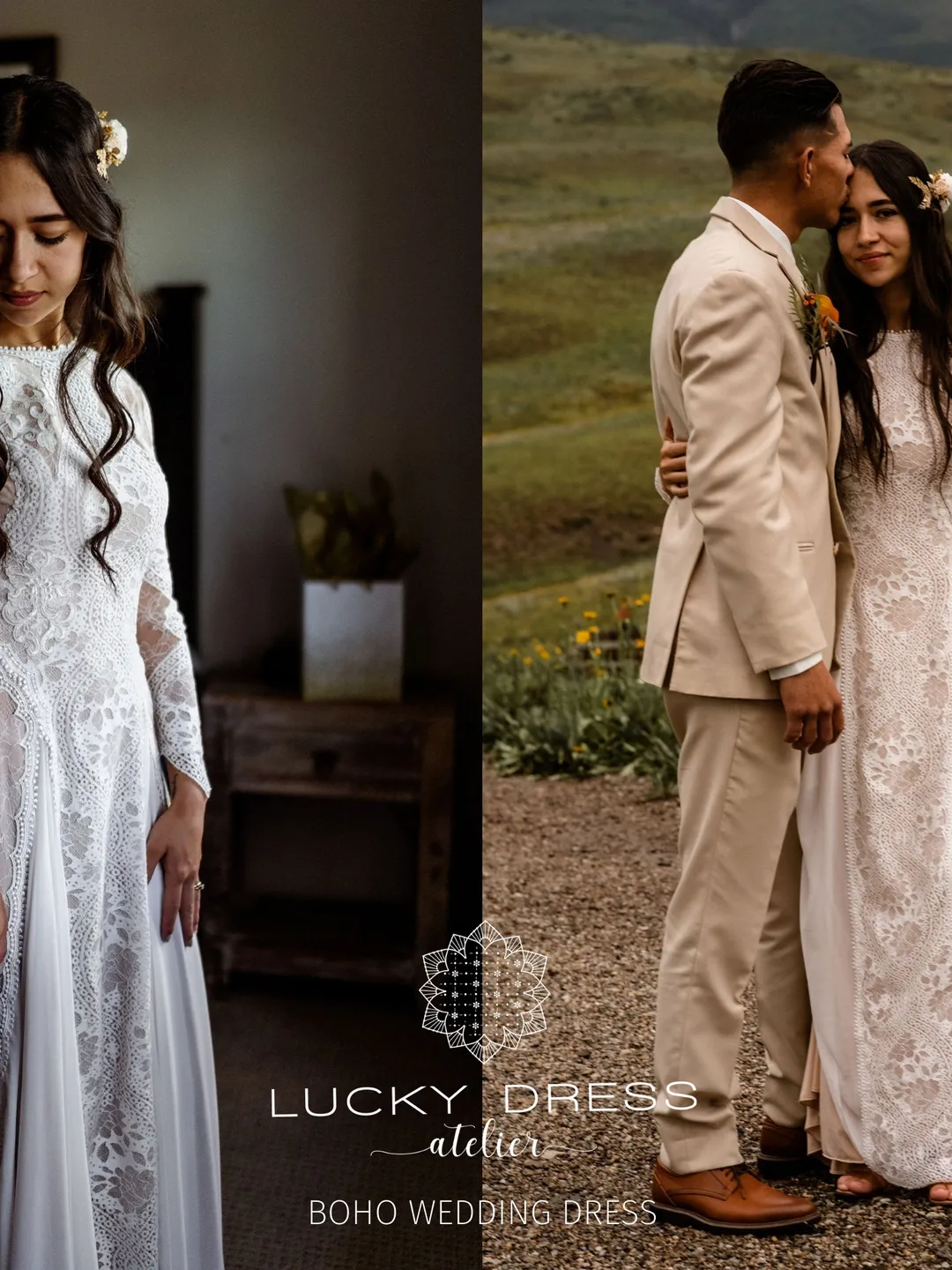 Boho wedding dress winter Hippie wedding dress lace Bohemian wedding dress floral Nude wedding dress elopement Long sleeve dress / Halina