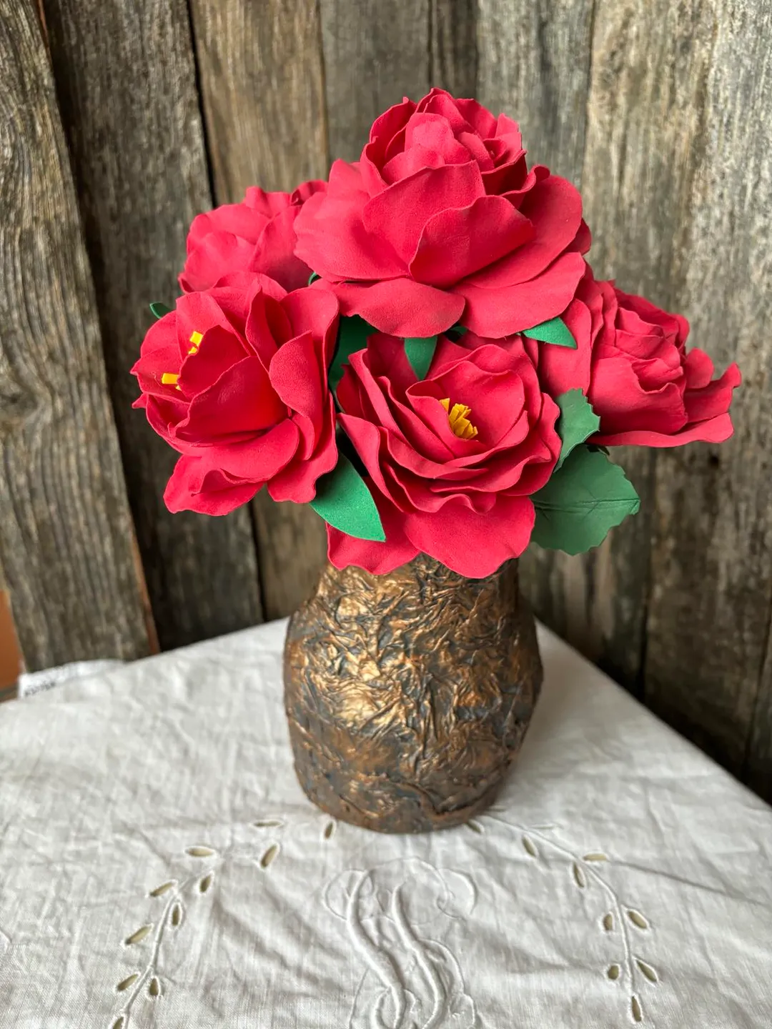 Handmade Red Roses in Paper Mache Vase - Rustic Charm. Home decor ...