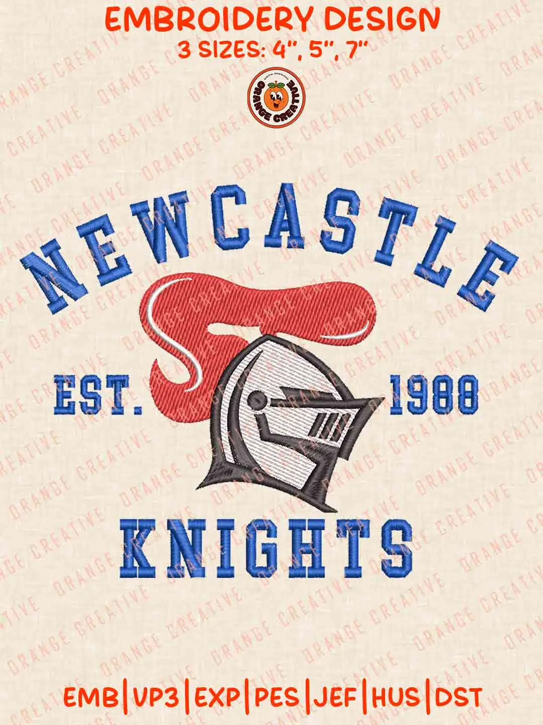 Newcastle Knights Est 1988 Logos Embroidery Design, NRL Knights Team Machine Embroidery Digitized Pes File, 4 Sizes, Custom Size, Instant Download