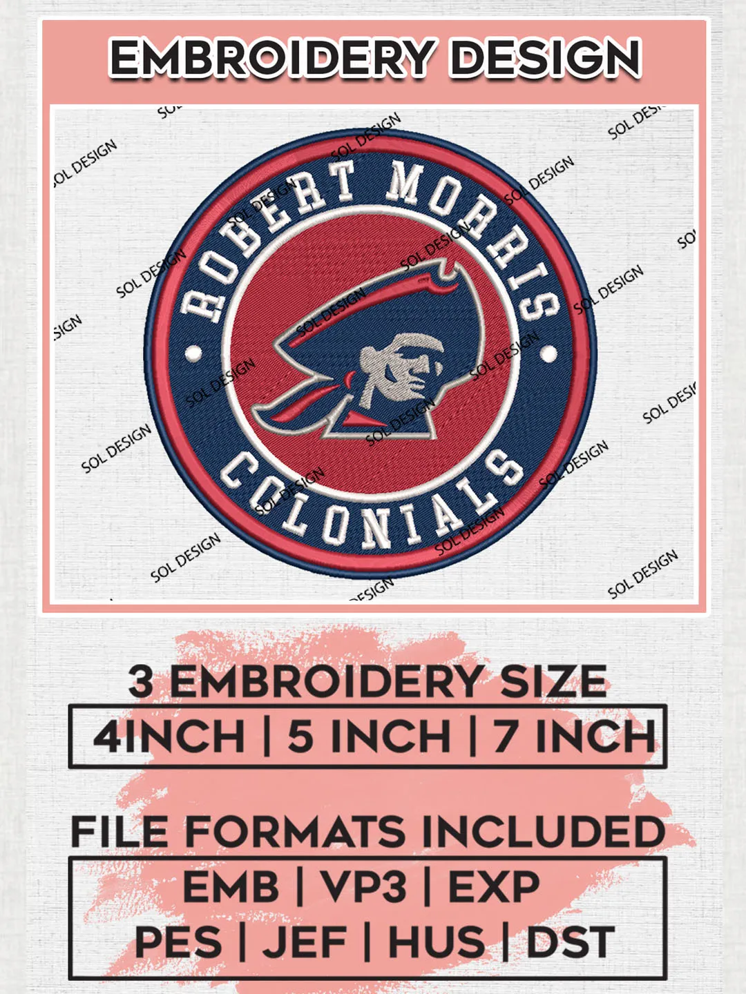 NCAA Robert Morris Colonials Round Logo Embroidery, NCAA Robert Morris Colonials Embroidery Design files, NCAA Teams, NCAA Machine embroidery designs, Digital Download