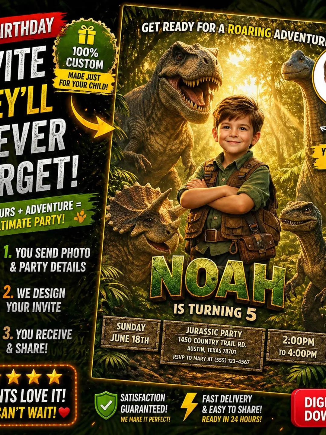Custom Dinosaur Photo Invitation, Jurassic T-Rex Birthday Party Invite (Digital Download)