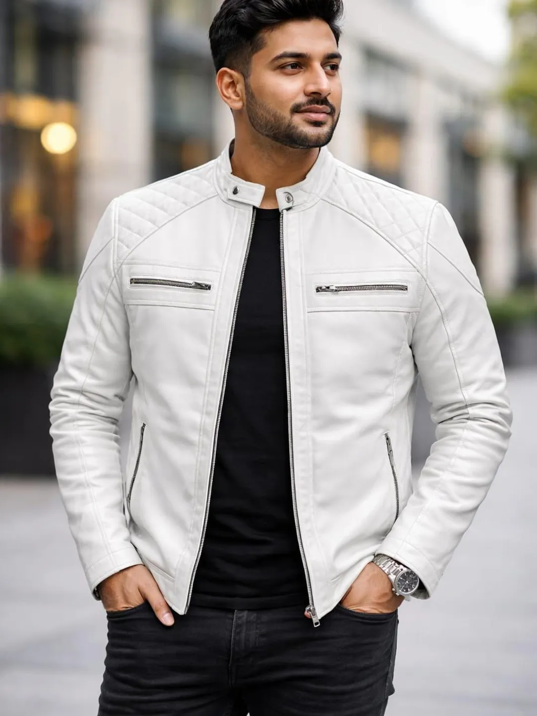 Men's Handmade White Sheepskin Cafe Racer Biker Jacket