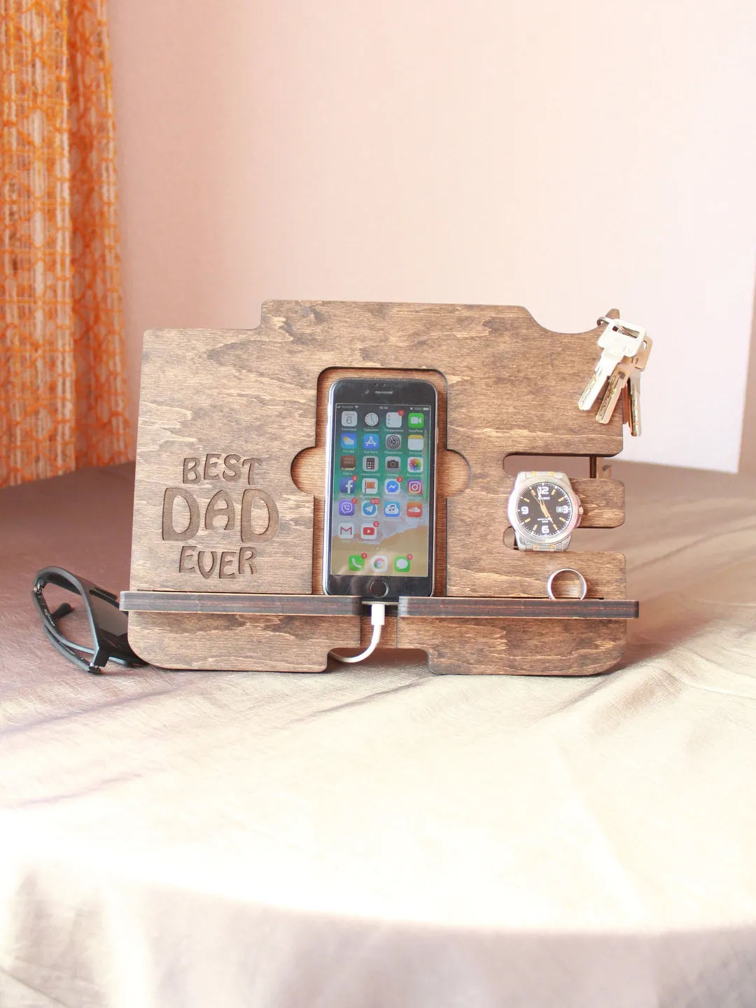 Custom Wood Organizer For Man For Dad Docking Station For iPhone Samsung Birthday Gif Fifth Anniversary Gift For Husband Phone Station