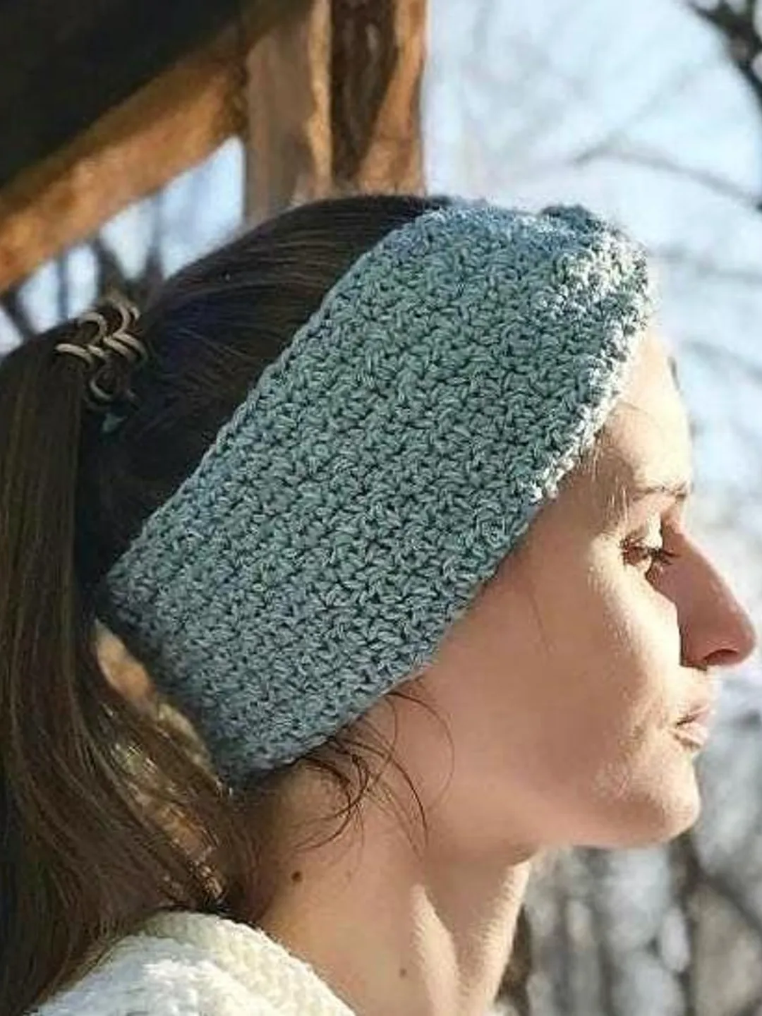 Handmade Alpaca Wool Crochet Ear Warmer: Puffy Stitch Light Blue Headband