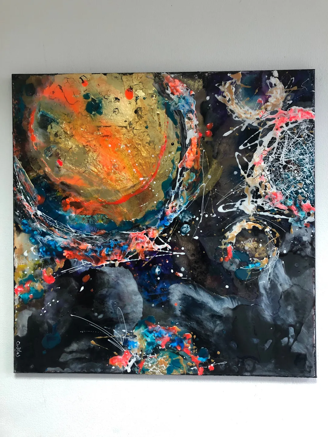 Abstraction Bright space painting for home, office, salon, for a gift with epoxy resin, oil and acrylic