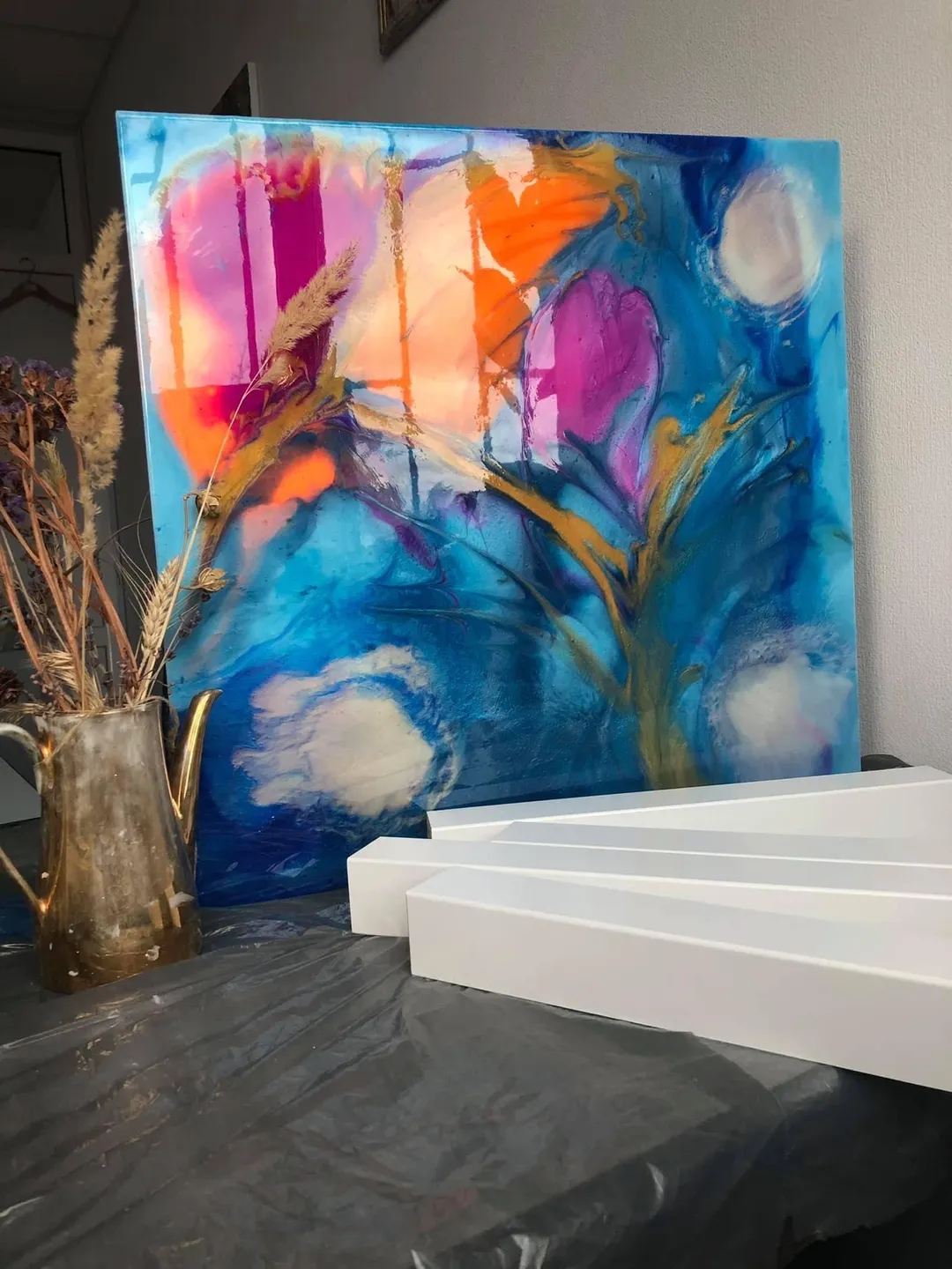 Square epoxy resin bright rainbow entry coffee table