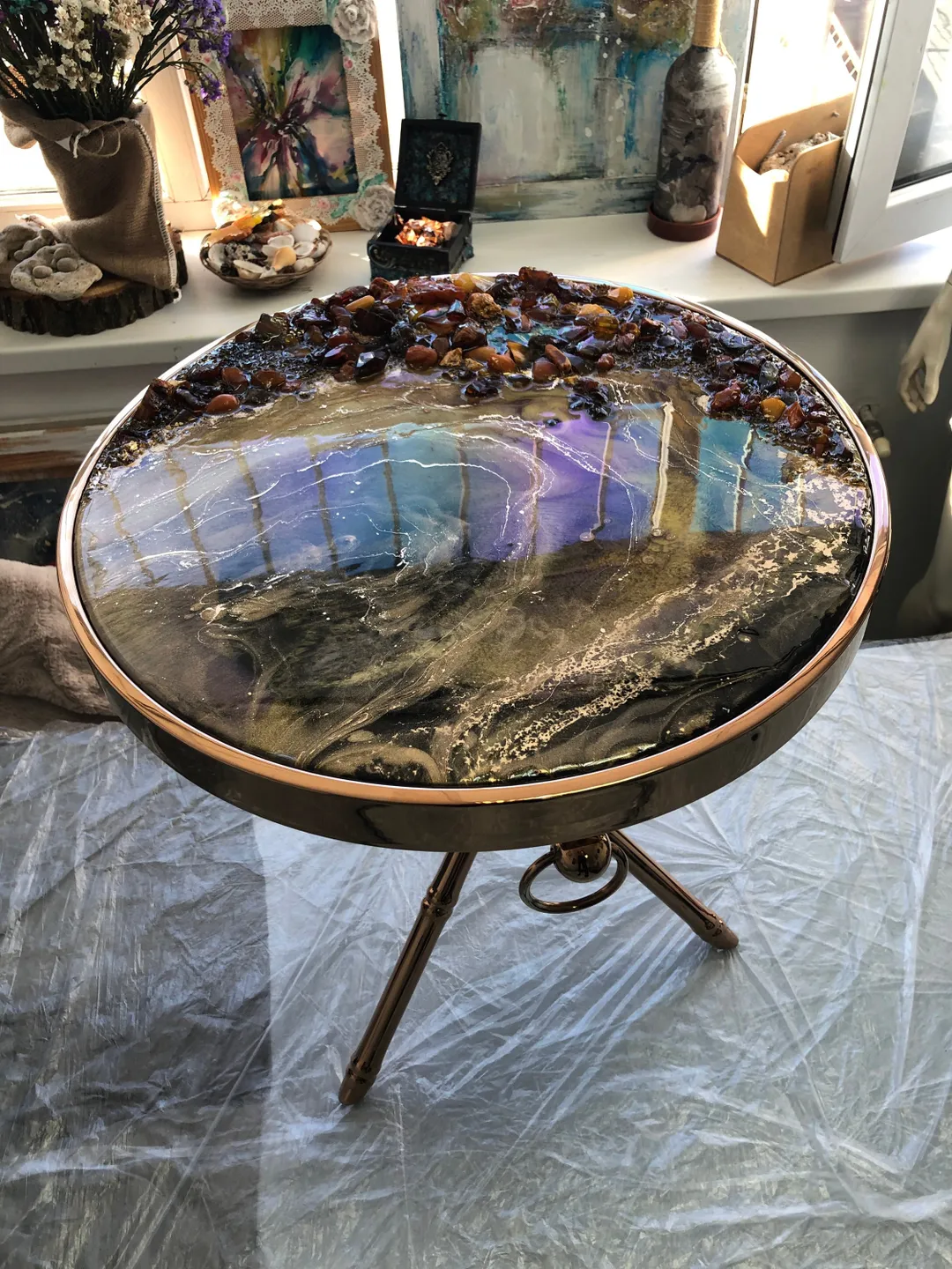Epoxy resin gold coffee side table with geode imitation